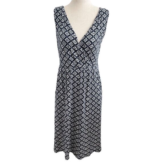 Garnet Hill Green Cotton V Neck Faux Wrap Sleeveless Dress Navy + White Boho - Picture 1 of 8